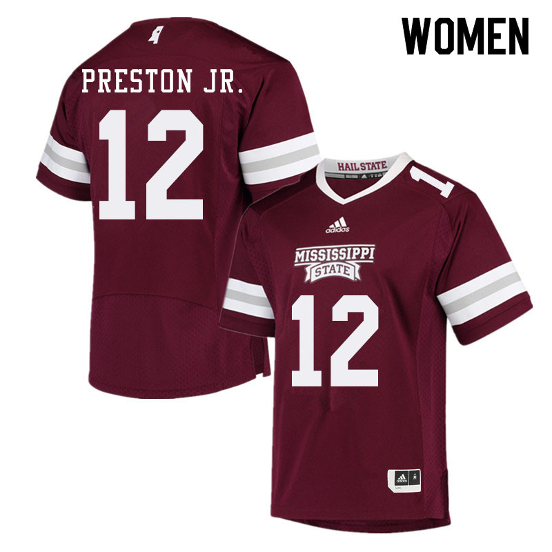 Women #12 Shawn Preston Jr. Mississippi State Bulldogs College Football Jerseys Sale-Maroon